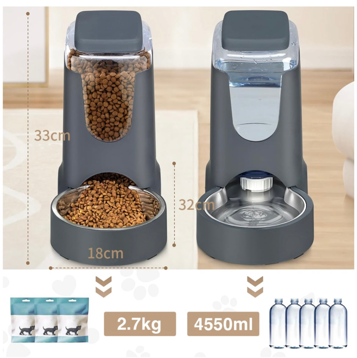 2-1 Automatic Pet Feeder & Water Dispenser Set with Stainless Steel Bowls